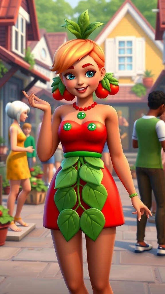 A Sims 4 Tomato Girl character in a red outfit with green accessories, smiling in a colorful neighborhood.